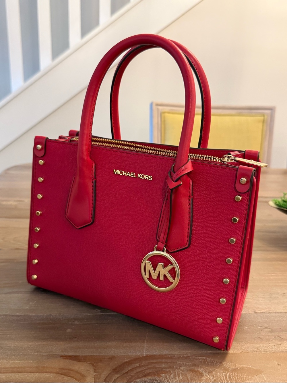 Michael Kors Red Saffiano Satchel with Gold Accents